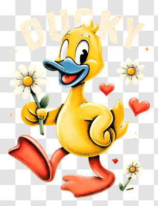 Ducky - Cute Yellow Ducky With Flowers Transparent PNG