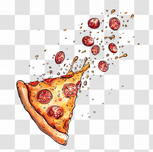 Pizza Slice With Splashing Toppings - Pizza Slice With Toppings Splashing Transparent PNG