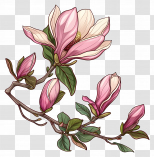 Magnolia Flowers - Branch With Pink Magnolia Flowers Transparent PNG