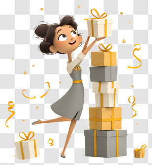 Woman Arranging Pyramid Of Packages - Joyful Woman With Gift Stack Transparent PNG