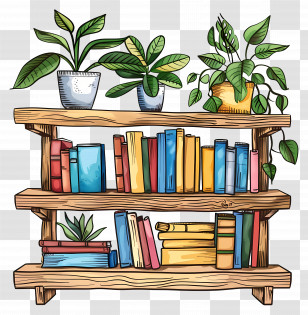 Shelf Furniture - Illustrative Bookshelf With Plants And Books Transparent PNG