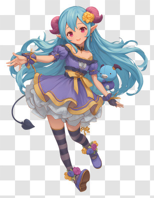 Anime Girl - Blue-haired Elf Girl With Plush Transparent PNG