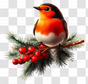 Christmas Card - Robin Bird Sitting On Pine Branch With Berries Transparent PNG