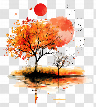 Autumn Begins - Tree Illustration With Water Reflection In Autumn Colors Transparent PNG