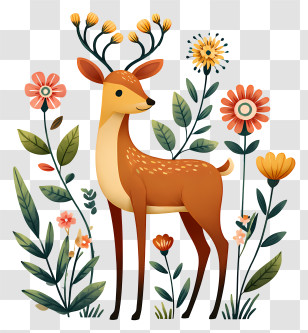 Deer With Flowers - Deer With Antlers In Floral Setting Transparent PNG
