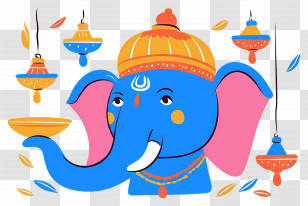 Ganesha Chaturthi - Colorful Ganesha Illustration With Diya Lamps Transparent PNG