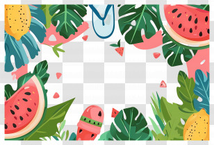 Summer Background - Watermelon And Tropical Leaves Transparent PNG