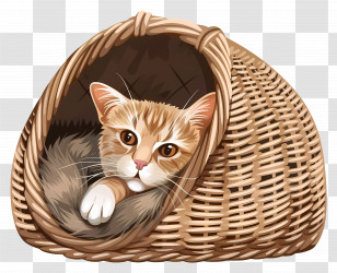 Cat Bed - Cat Relaxing In A Wicker Basket Illustration Transparent PNG