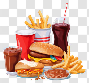 Food - Cartoon Style Fast Food Meal Set With Drinks And Snacks Transparent PNG