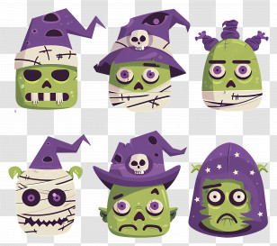 Halloween Characters - Cartoon Halloween Monster Faces With Spooky Themes Transparent PNG