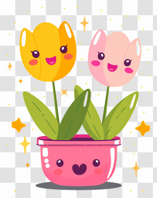 Flower Emoji - Cute Animated Tulip Flowers In A Smiling Pot Transparent PNG