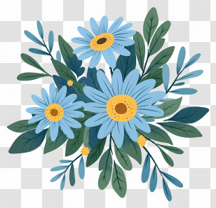 Daisy Flowers - Blue Daisies With Lush Green Leaves Transparent PNG
