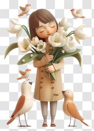 Spring Flower - Girl With Flowers And Birds Illustration Transparent PNG