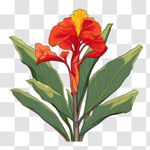 Canna Indica - Orange Canna Lily Flower With Green Leaves Transparent PNG