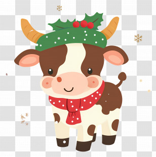 Christmas Cow - Cartoon Cow With Christmas Hat And Scarf Transparent PNG