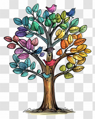 Tree With Birds - Colorful Tree With Birds Illustration Transparent PNG