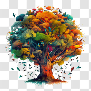 Big Tree - Autumn Tree With Birds Transparent PNG