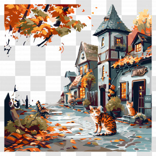 Village Street - Autumn Village With Cats Transparent PNG