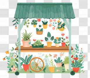 Flower Cart - Illustration Of A Flower Cart With Potted Plants Transparent PNG