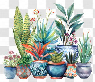 Urban Garden - Illustrative Ornamental Potted Plants Arrangement Transparent PNG
