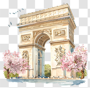 Arc De Triomphe - Illustrated Arc De Triomphe With Blossoms Transparent PNG