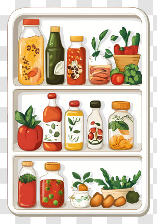 Pantry - Pantry Shelf With Bottles And Vegetables Transparent PNG