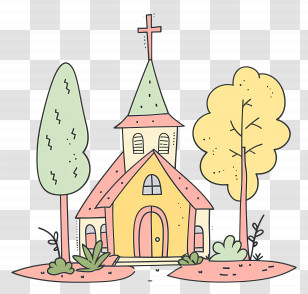 Church Clipart - Colorful Church Illustration With Trees Transparent PNG