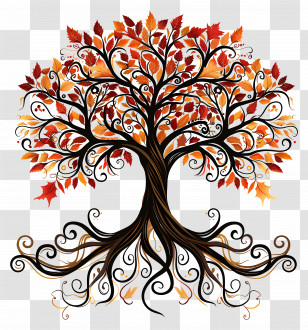 Tree Of Life - Decorative Tree With Autumn Leaves And Roots Transparent PNG