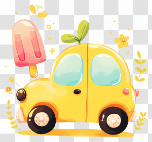 Cute Cartoon Car - Adorable Yellow Car And Popsicle Illustration Transparent PNG