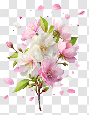 Petals Scattering Into The Air - Pink And White Cherry Blossom Branch Transparent PNG