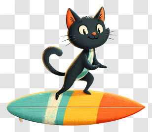 Cat Surfing With Surfboard - Playful Surfing Cat On A Colorful Board Transparent PNG