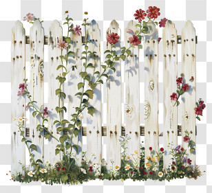 Garden Fence - Red Flowers On Rustic White Fence Transparent PNG