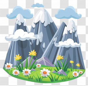 Mountain Range - Snowy Mountains With Flowers And Clouds Transparent PNG