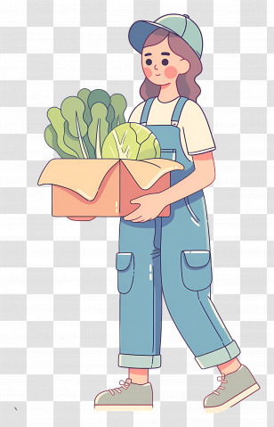 Female Farmer - Illustrated Woman Carrying A Box Of Fresh Vegetables Transparent PNG
