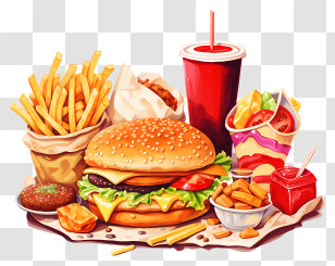 Fast Food - Fast Food Meal With Burger, Fries, And Soda Transparent PNG