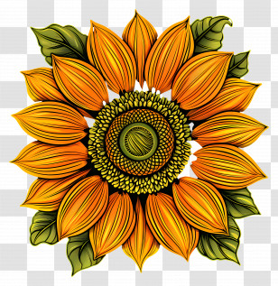 Line Art - Bright Sunflower Illustration With Orange Petals Transparent PNG