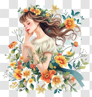 Cute And Colorful - Artistic Drawing Of A Woman Surrounded By Flowers Transparent PNG