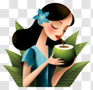 Girl Drinking Coconut Water - Woman Drinking Coconut In Tropical Setting Transparent PNG