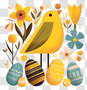 Easter Background - Yellow Bird With Flowers And Easter Eggs Transparent PNG