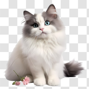Valentine Cat - Fluffy White Cat With Gray Markings And Flowers Transparent PNG