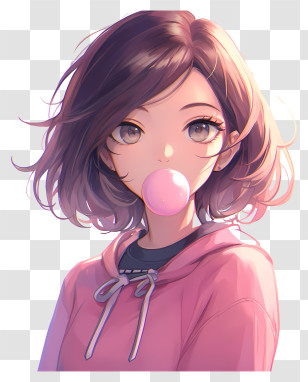 Anime Girl Blowing Bubble Gum - Girl Blowing Bubble Gum In Pink Hoodie Transparent PNG