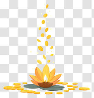 Lotus Flower Gold Coins - Lotus Diya With Falling Coins Transparent PNG