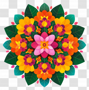 Pookalam - Bright Mandala Pattern With Colorful Flowers And Leaves Transparent PNG
