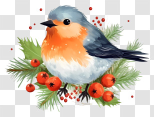 Small Bird - Cute Robin Bird With Greenery And Berries Illustration Transparent PNG