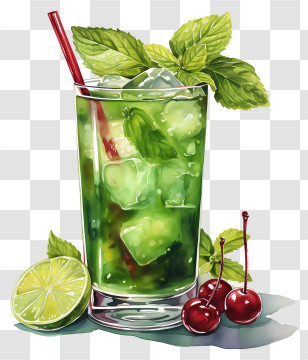 Cocktail - Refreshing Lime And Mint Drink With Ice And Cherries Transparent PNG