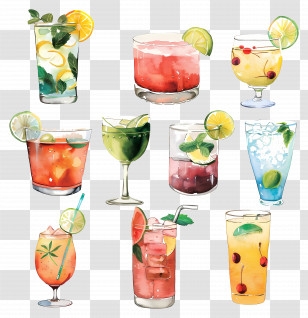 Beverages - Colorful Mixed Drinks And Cocktail Glasses Transparent PNG
