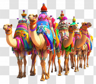 Pushkar Camel Fair - Group Of Decorated Camels In Traditional Attire Transparent PNG