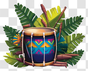 Tropical Drum - Colorful Tribal Drum With Tropical Leaves Transparent PNG