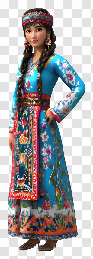 Kazakh Girl - Traditional Dress With Floral Patterns Transparent PNG