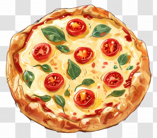 Pizza - Pizza Illustration With Tomato And Basil Toppings Transparent PNG